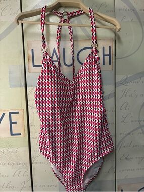 Kona Sol Red, White & Navy Chevron One-Piece Swimsuit Sz 16 NWT